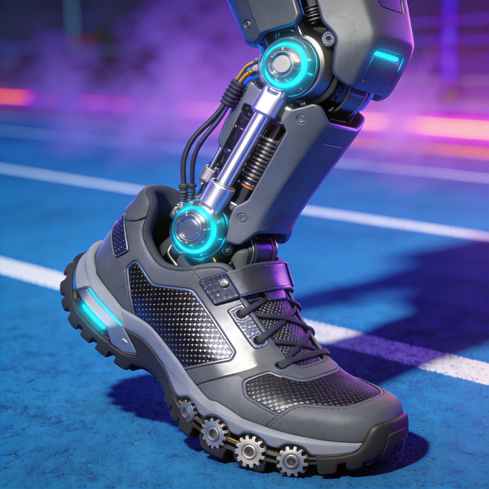Primer plano de la estructura hidráulica del pie y tobillo de un robot humanoide con suela de goma de alto agarre